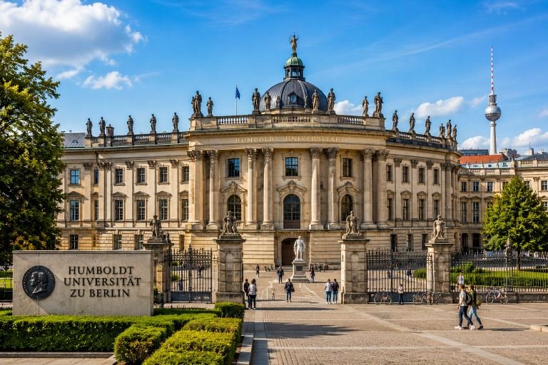 A university campus in Germany, a grand domed building fronted by a paved forecourt.